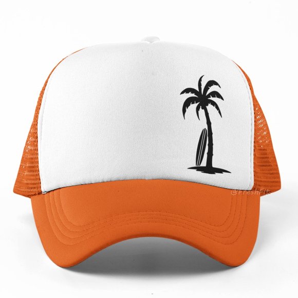 🆕Palm Tree Surfboard Surf Life Foam Trucker Hat Mesh Snapback Cap Orange/White - Picture 1 of 2